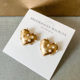 Gold Pearl Heart Statement Studs