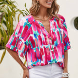 Abstract Brushwork Print Buttoned V Neck Blouse