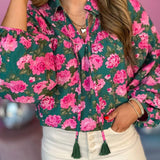 Floral Puff Sleeve Blouse: Green