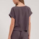 Solid Round Neck Short Cuff Sleeve Top | Charcoal