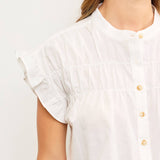 Henley Neck Smocked Front Short Ruffle Sleeve Blouse