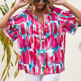 Abstract Brushwork Print Buttoned V Neck Blouse