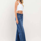 High Rise Clean Cut Raw Hem Wide Leg Jeans