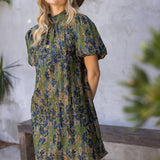 High Collar Tie Back Pleated Floral Dress