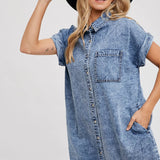 Frayed Hem Denim Shirt Dress