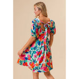 Silky Floral Print Square Neck Short Sleeve Dress