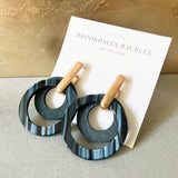 Navy Blue Layered Wood & Acrylic Circle Earrings