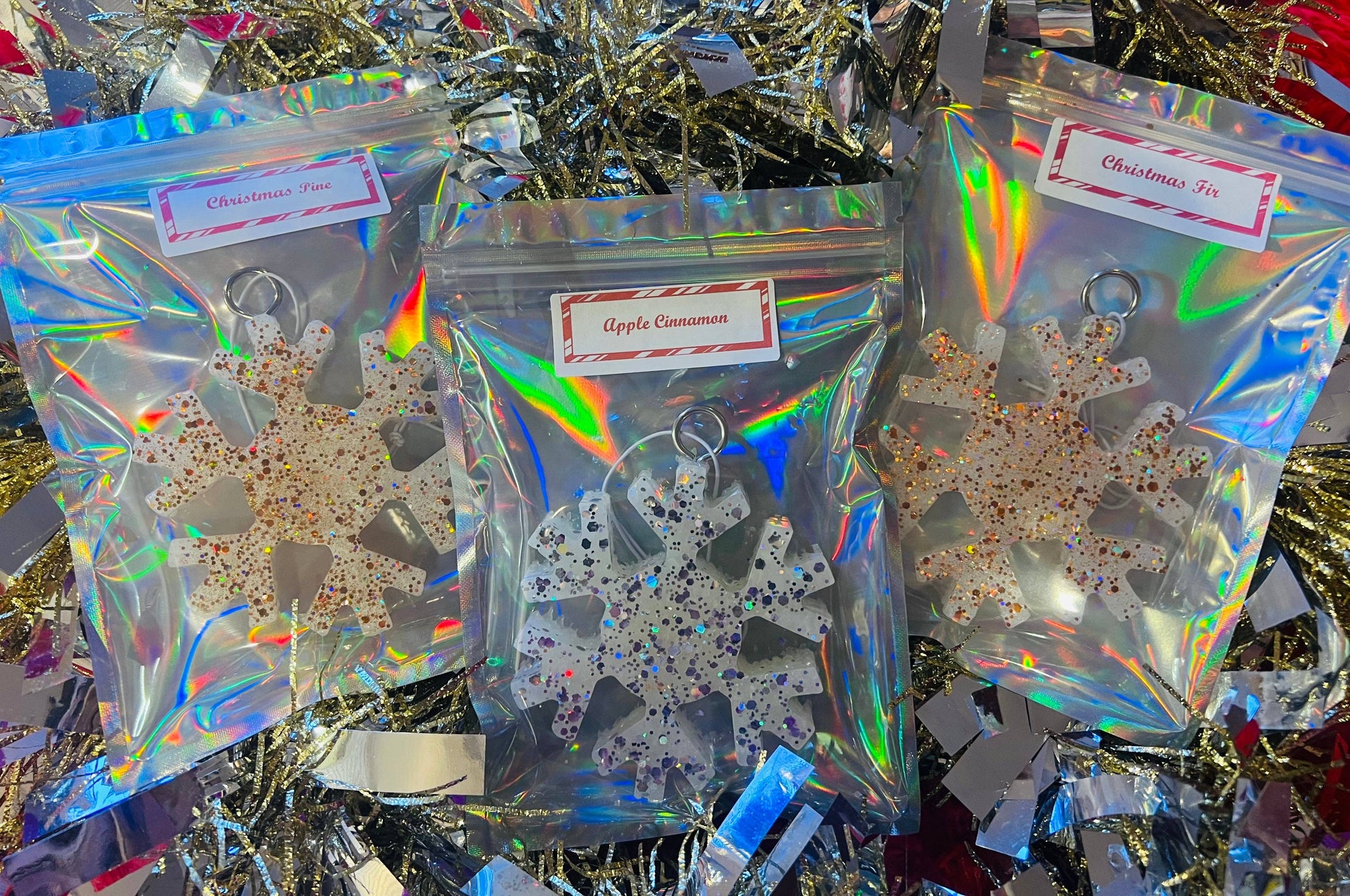 Glitter Snowflake Car Freshies: Apple Cinnamon/White with Silver