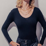 BASIC RIB KNIT VNECK LONG SLEEVE BODYSUIT: BLACK