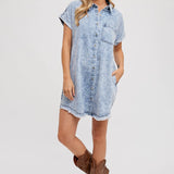 Frayed Hem Denim Shirt Dress