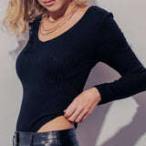 BASIC RIB KNIT VNECK LONG SLEEVE BODYSUIT: BLACK