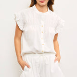 Henley Neck Smocked Front Short Ruffle Sleeve Blouse