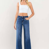 High Rise Clean Cut Raw Hem Wide Leg Jeans