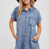 Frayed Hem Denim Shirt Dress