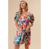 Silky Floral Print Square Neck Short Sleeve Dress