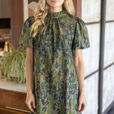 High Collar Tie Back Pleated Floral Dress