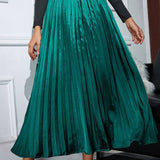 Green Satin Pleated Maxi Skirt