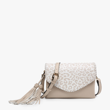 Sloane Flapover Crossbody w/ Whipstitch and Tassel: Cheetah-Beige