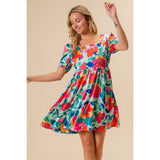 Silky Floral Print Square Neck Short Sleeve Dress