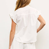 Henley Neck Smocked Front Short Ruffle Sleeve Blouse