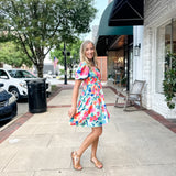 Silky Floral Print Square Neck Short Sleeve Dress