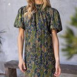 High Collar Tie Back Pleated Floral Dress