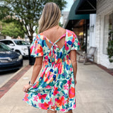 Silky Floral Print Square Neck Short Sleeve Dress