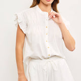 Henley Neck Smocked Front Short Ruffle Sleeve Blouse