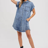 Frayed Hem Denim Shirt Dress