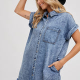 Frayed Hem Denim Shirt Dress