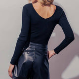 BASIC RIB KNIT VNECK LONG SLEEVE BODYSUIT: BLACK