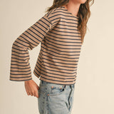 Striped Pattern Long Sleeve Top | Taupe/Navy