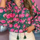 Floral Puff Sleeve Blouse: Green