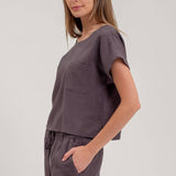 Solid Round Neck Short Cuff Sleeve Top | Charcoal