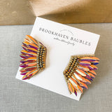 Rose Gold Iridescent Sequin Wing Beaded Statement Earrings