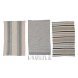 Woven Cotton Tea Towels w/ Stripes, Jute & Wood Bead Tie, 3 Styles, Set of 3