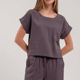 Solid Round Neck Short Cuff Sleeve Top | Charcoal