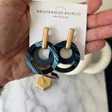 Navy Blue Layered Wood & Acrylic Circle Earrings