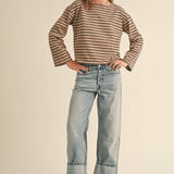 Striped Pattern Long Sleeve Top | Taupe/Navy