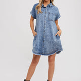 Frayed Hem Denim Shirt Dress