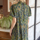 High Collar Tie Back Pleated Floral Dress