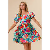 Silky Floral Print Square Neck Short Sleeve Dress