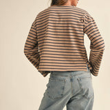 Striped Pattern Long Sleeve Top | Taupe/Navy