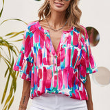 Abstract Brushwork Print Buttoned V Neck Blouse