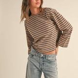 Striped Pattern Long Sleeve Top | Taupe/Navy