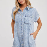 Frayed Hem Denim Shirt Dress